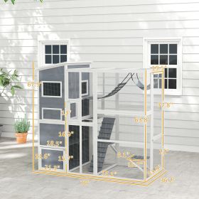 Large Wooden Outdoor, Cat Enclosure W 4 Tier Resting Rooms, 3 Platforms, 1 Soft Ladder, 2 Ramps, 1 Hammock, Gray