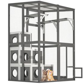 Outdoor Wooden Cat Catio - Large Solid Wood Cat Cage Playpen With 2 Jumping Platforms & 7 Napping Houses, Walk-in Cat Kennel Condo Shelter, Grey