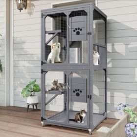 Catio Outdoor Cat Enclosure Window Access, 4 Tiers Cat House With Wheels, Resting Box & Waterproof Roof, Indoor Large Cat House Cage, Gray