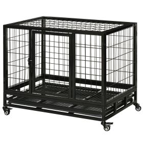 PawHut 36" Heavy Duty Dog Crate with Removable Tray, Lockable Wheels and Double Door, for Medium and Large Dogs, Black